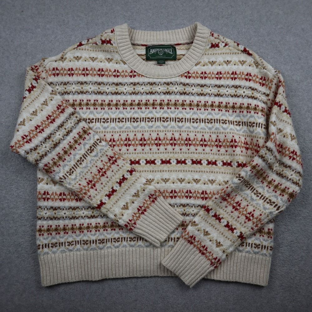 American Eagle Sweater Women Small Fair Isle Knit Cream Red Pullover Crew Neck